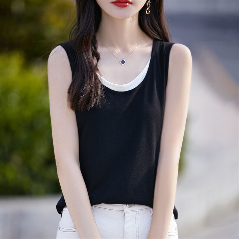 设计感假两件天丝针织吊带背心女夏辣妹宽松休闲撞色外穿无袖上衣，女装背心吊带，臻维羊绒