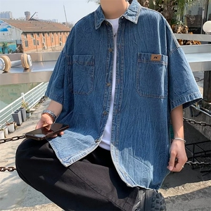 牛仔上衣男夏季潮流短袖衬衣男宽松BF风情侣轻奢日系牛仔衬衫图片
