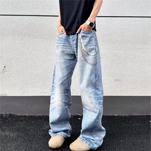 美式复古高街浅色牛仔裤男春秋2025新款高腰显瘦直筒宽松阔腿裤子,毛衣阔腿裤搭配老爹鞋图片