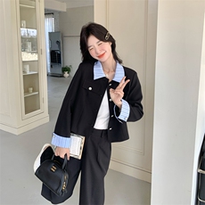 条纹拼接西装外套直筒阔腿裤套装女2025秋季新款韩系小个子两件套，女装套装/套裙，2C266