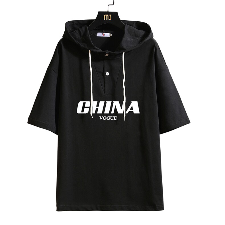 LD54001-P45连帽短袖t恤男大码胖子带帽五分袖中袖砖墙挂拍,男装T恤,电商A040A