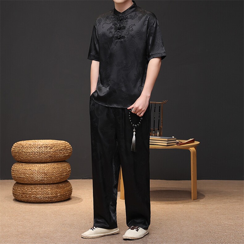 夏季新款风立领盘扣龙纹印花休闲短袖T恤提花时尚套装7826P60图片