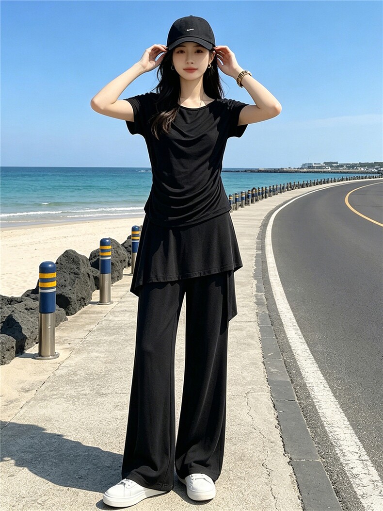 韩版时尚休闲套装女夏季新款斜肩收腰短袖上衣蕾丝屁帘长裤两件套,女装套装/套裙,江南