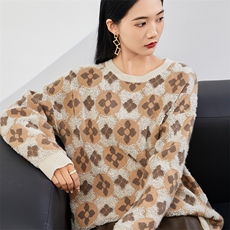 时尚百搭宽松圆领重工提花羊绒衫，女装羊绒衫，美够羊绒