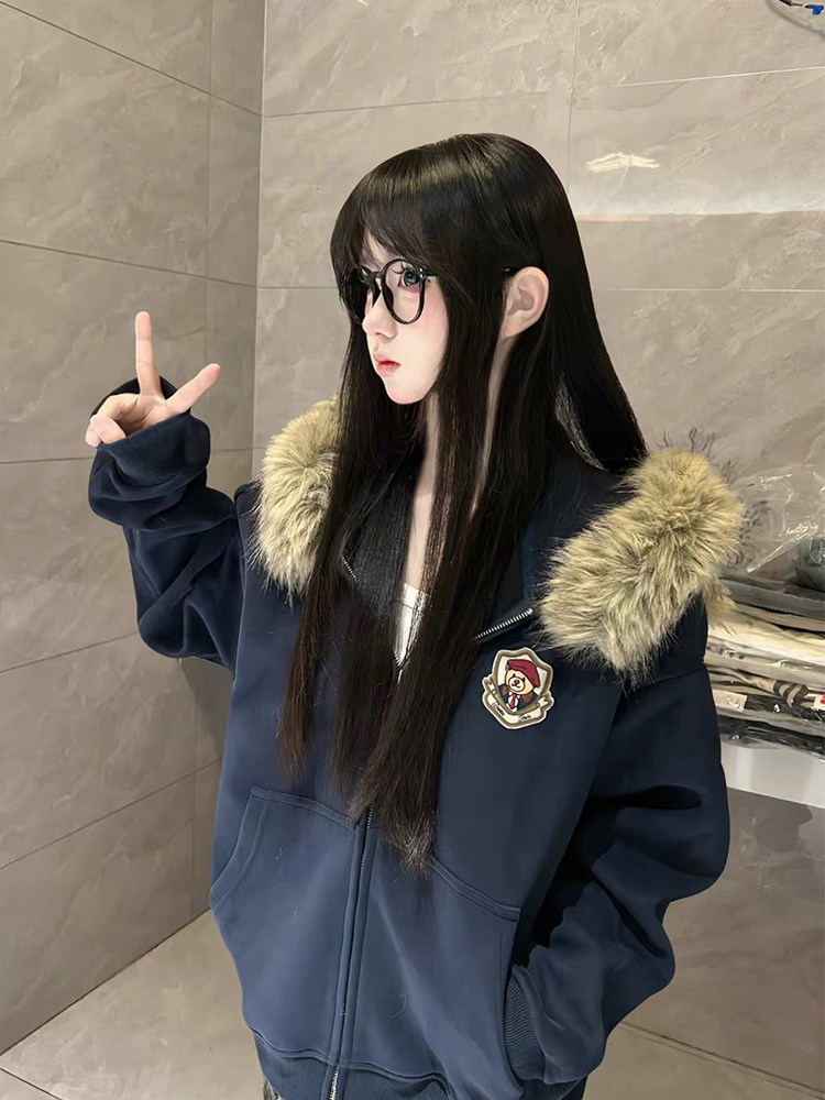 网图美式复古卡通熊耳朵毛领连帽卫衣男女休闲开衫拉链外套特P78,女装短外套,电商C306-1