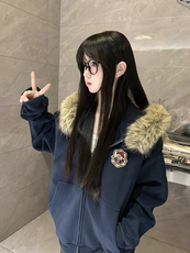 网图美式复古卡通熊耳朵毛领连帽卫衣男女休闲开衫拉链外套特P78，女装短外套，电商C306-1