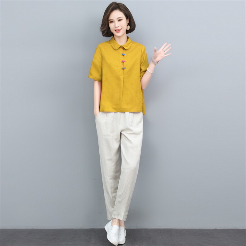三年不下架2024年新款棉麻两件套中老年复古扣盘衬衫T恤小脚长裤,女装套装/套裙,璐依舞