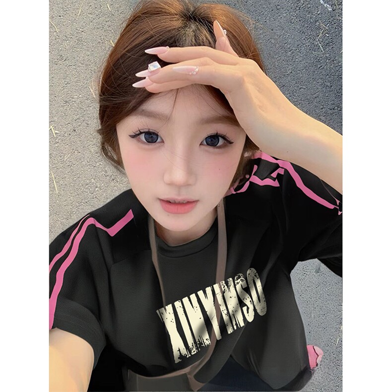 抖音得物品质二开240克宽松纯棉美式潮牌印花三条杠中性风短袖T恤,男装T恤,电商A486-1