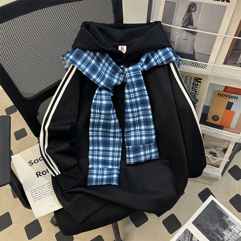 复古可拆卸格子大码披肩连帽卫衣男女秋季新款宽松情侣上衣外套图片