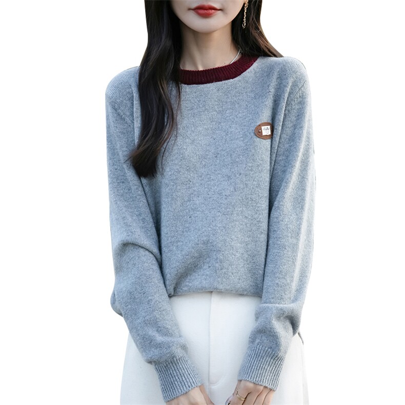 断码清仓新女圆领拼色刺绣加厚针织羊毛衫宽松打底衫,针织衫/毛衣,佳绒包芯纱店