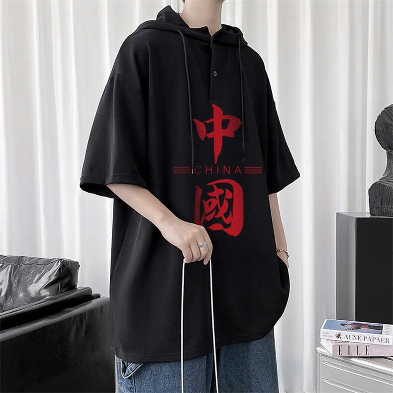 LD54198-P45连帽短袖t恤男大码胖子带帽五分袖中袖,男装T恤,电商A040