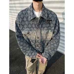美式高街牛仔外套男士韩版潮流提花帅气2025春季ins外套W6359-P87,黑色针织裙搭配什么毛衣图片