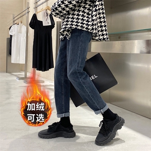 秋冬季加绒轻熟风休闲裤男蓝色修身小脚裤牛仔裤1412-1/607H/P60