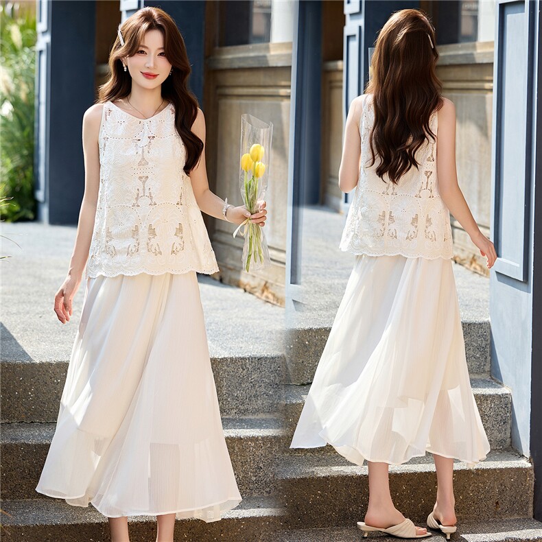 DLM8662法式温柔风蕾丝镂空无袖背心半身裙两件套女气质高级套装，女装套装/套裙，朵莱米