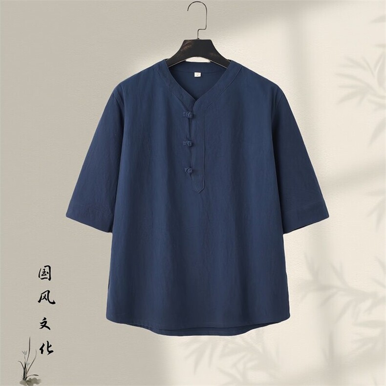 唐装男青年夏季七分短袖t恤复古风潮流男棉麻男装GF2505-P60,男装衬衫,星座1105-3