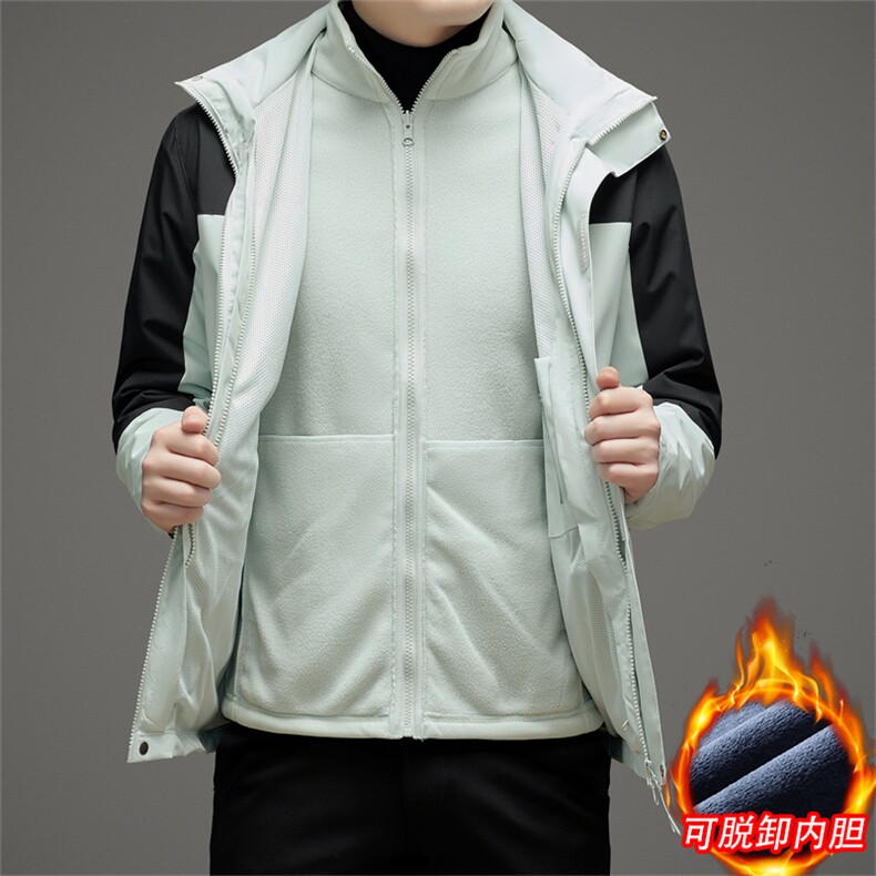 男士珊瑚绒三合一冲锋衣两件套保暖加厚运动服可托卸内胆秋冬外套，男装夹克，钱塘6003（原4033）