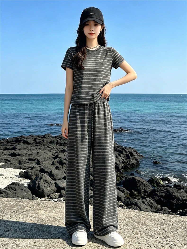 女夏季新款时尚休闲套装欧货圆领条纹短袖上衣高腰阔腿长裤两件套,女装套装/套裙,江南