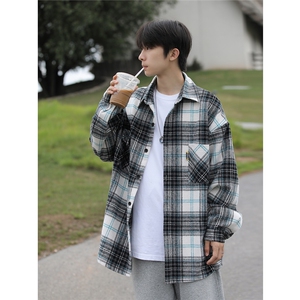 抖音好品 格子衬衫男港风长袖衬衣宽松DX502P65控99图片