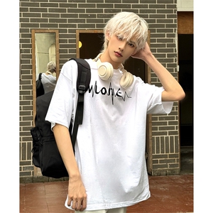 抖音得物 210克现货宽松纯棉美式潮牌印花落肩袖纯棉T恤AT21107图片