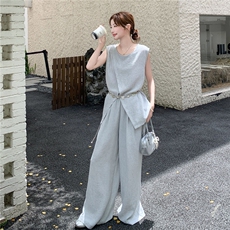 休闲气质盐系浅灰色无袖上衣阔腿裤套装女夏季ootd穿搭减龄两件套，女装套装/套裙，蝶眷