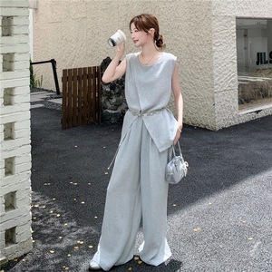 休闲气质盐系浅灰色无袖上衣阔腿裤套装女夏季ootd穿搭减龄两件套图片