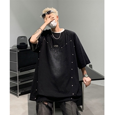 水洗做旧短袖t恤男夏季美式复古铆钉解构上衣XZ514-2-202438-P68，男装T恤，星座514-2(原B239)