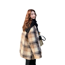 新款毛呢外套配围脖格子大衣7325-P230-K318，女装毛呢外套，2C109