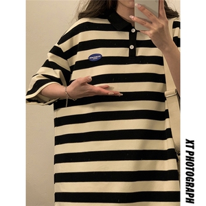 中性风美式条纹短袖polo杉男大码翻领短袖T恤DP8761P40控59图片