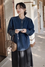灯笼袖半拉链牛仔外套女春秋2025新款蓝色小个子减龄流行爆款上衣，女装短外套，2C261