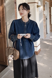 灯笼袖半拉链牛仔外套女春秋2025新款蓝色小个子减龄流行爆款上衣图片