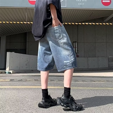 美式七分裤夏季新款满印挂饰阔腿街头宽松直筒中裤潮BM1155P52，男装牛仔裤，星座1013-5