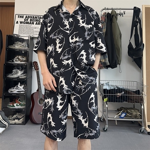 港风泼墨印花休闲套装夏季学生宽松休闲短袖短裤两件套TZ103-P43图片