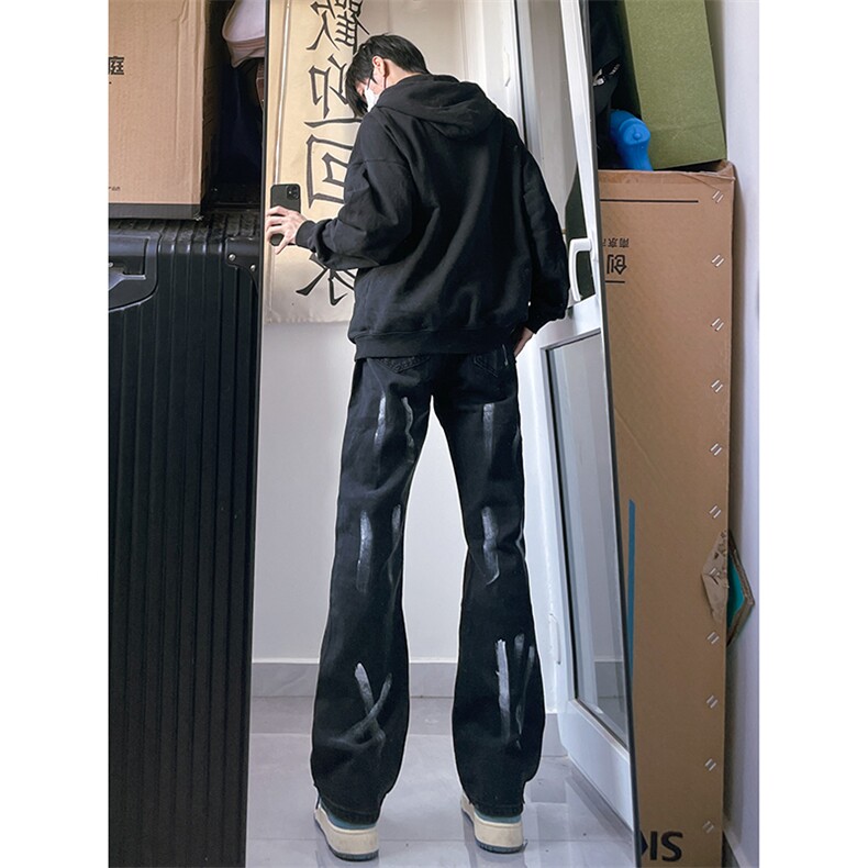 B221美式ins高街小众情侣款喷墨微喇牛仔裤LK22080-P60控78,男装牛仔裤,电商B221