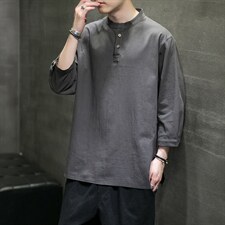 夏季风棉麻男装大码纯色短袖t恤男复古上衣QT6008-1/T064-P45，男装T恤，电商A008