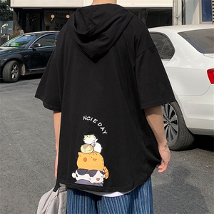 LD54090-P45 连帽短袖t恤男大码胖子带帽五分袖中袖图片