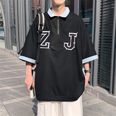 2026夏装牛仔拼接绣花五分袖T恤华夫格半袖BDT001/特P30黑色5，男装T恤，电商A094