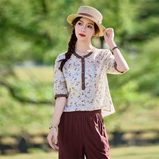 2026年春季文艺风女短袖宽松亲肤透气苎麻文艺/优雅，女装衬衫，江南依恋