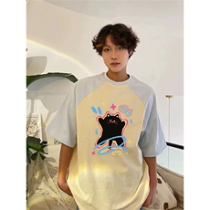 抖音得物供货240克宽松纯棉美式潮牌印花插肩袖拼接短袖T恤AT1519，男装T恤，电商A443