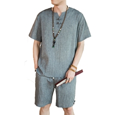 风夏款薄款棉麻休闲盘扣复古短袖T恤短裤男冰丝套装A807P55，男装牛仔裤，钱塘788(原4013)