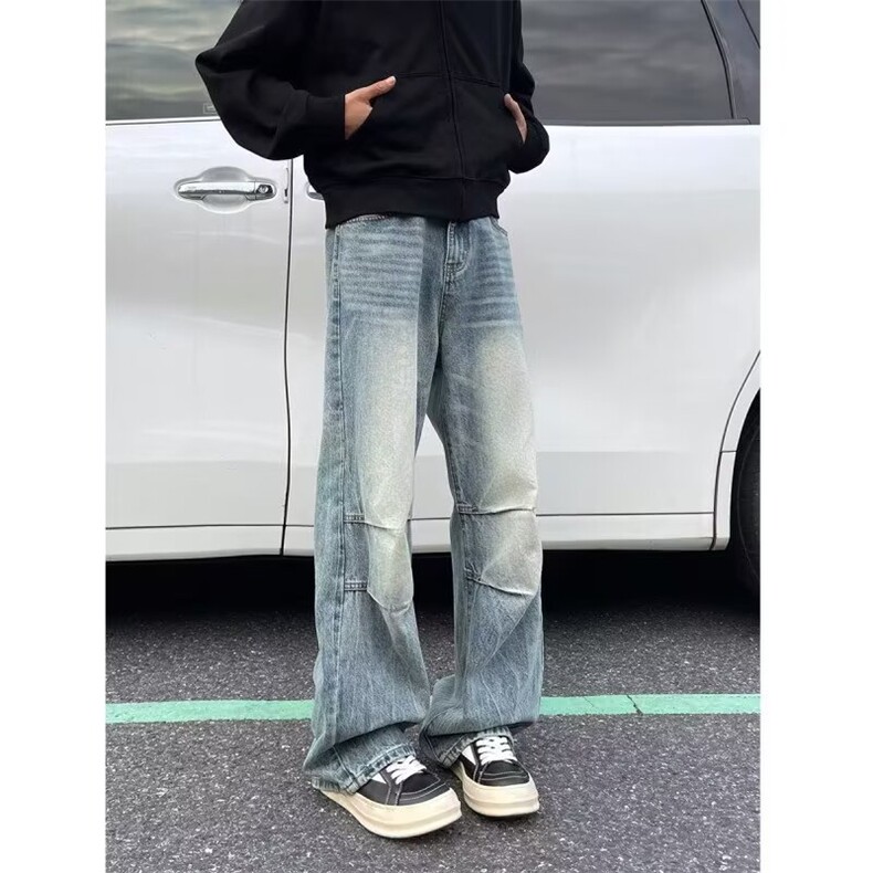 高街水洗褶皱弯刀牛仔裤男美式宽松设计感直筒阔腿裤N7090-P55,男装牛仔裤,星座208-5