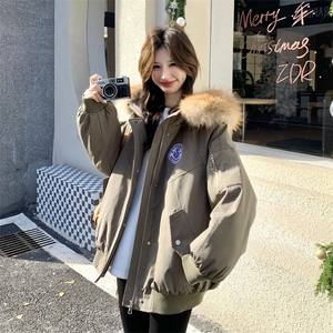 美式工装风毛领派克服女冬季保暖连帽外套军绿色加厚高级感羽绒服
