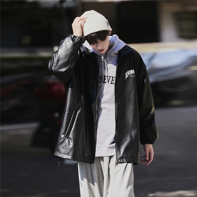 港风鳄鱼纹皮男大码潮美式字母印花皮夹克男JK7815P90控128，男装夹克，星座227-7