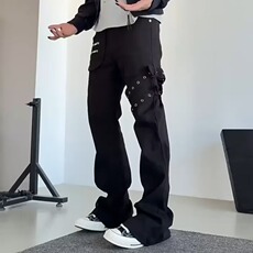 黑色绑带微喇工装牛仔裤情侣ing美式高街喇叭裤子K71556-P57网图，男装牛仔裤，电商B245