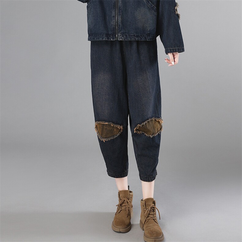 2021秋季新款时尚拼接水洗做旧牛仔裤，女装牛仔裤，叶笙衣
