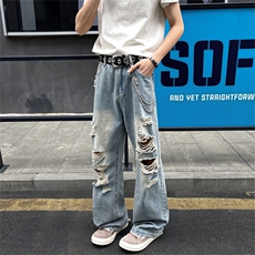 复古破洞牛仔裤男潮痞帅炸街宽松裤子情侣休闲牛仔裤NKS4125-p45，男装牛仔裤，星座302B