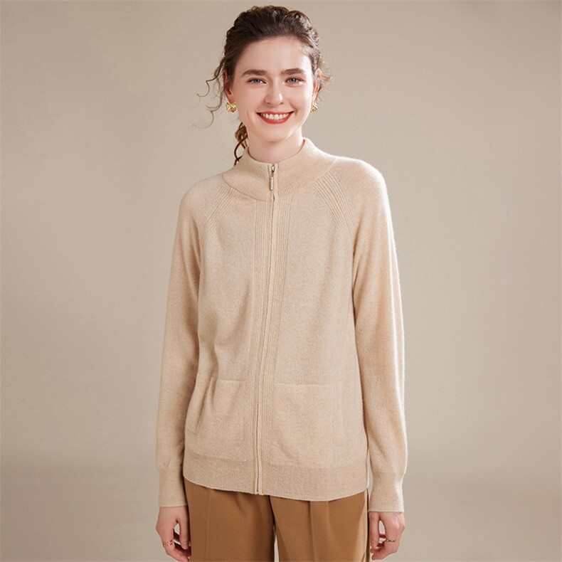 2024秋冬新款山羊绒女士简约法式拉链半高领羊绒开衫，女装羊绒衫，镁纯羊绒