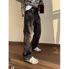 美式复古水洗做旧泼墨宽松直筒牛仔裤男女休闲百搭长裤潮，男装牛仔裤，星座506