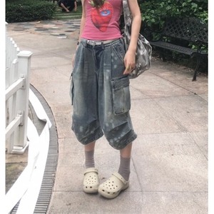 大码美式复古水洗七分牛仔裤夏季新款设计感宽松休闲直筒阔腿裤图片