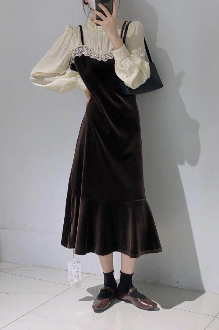 拼接丝绒鱼尾连衣裙，女装连衣裙，驿谷