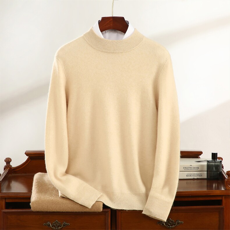 秋冬季35%简约休闲百搭商务12针双层领半高衫男装，男装羊绒套衫，云暖羊山羊绒